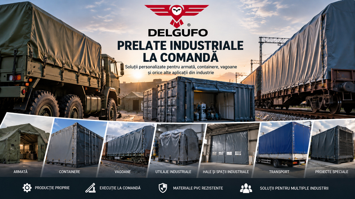 Pentru imaginea aceasta din Shopify, la Edit alt text aș pune: „Prelate industriale la comandă DELGUFO pentru armată, containere, vagoane, utilaje și hale industriale