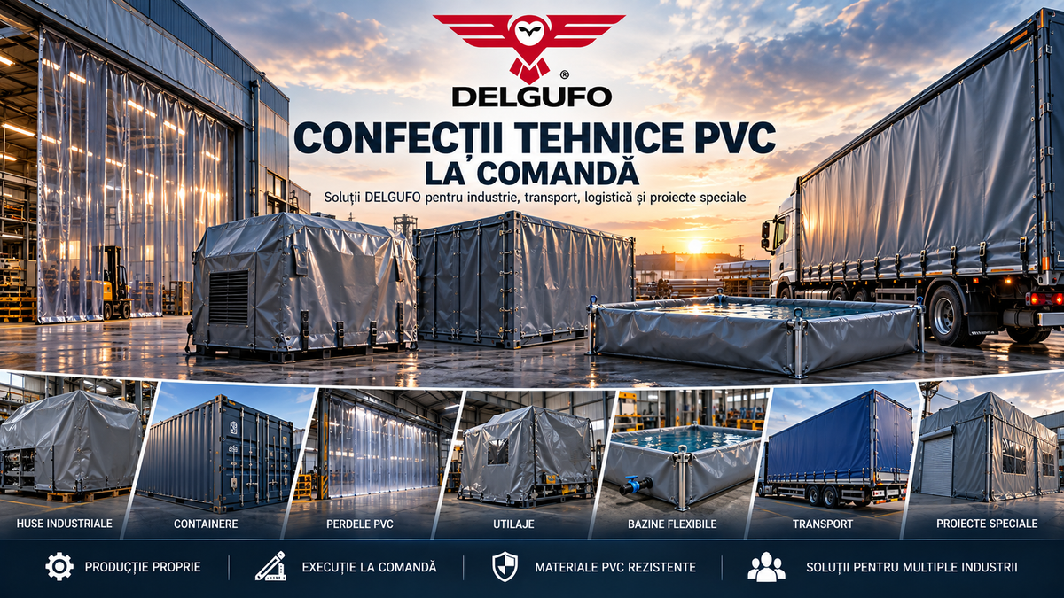 Confecții tehnice PVC la comandă DELGUFO pentru industrie, containere, utilaje, perdele PVC, bazine flexibile și transport