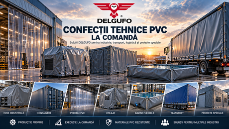 Confecții tehnice PVC la comandă DELGUFO pentru industrie, containere, utilaje, perdele PVC, bazine flexibile și transport